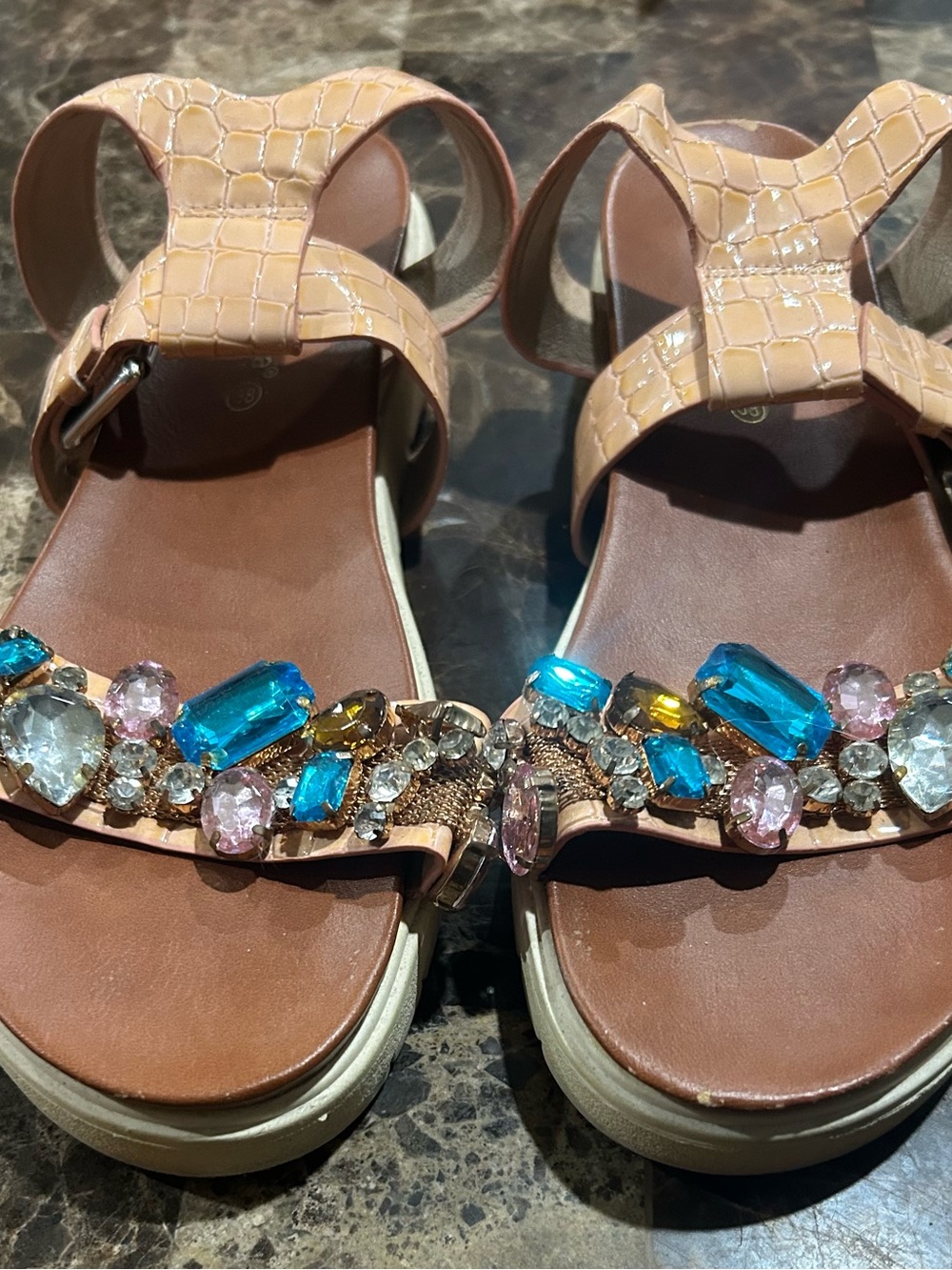 Nude Jeweled Croc-Embossed Women's Sandals